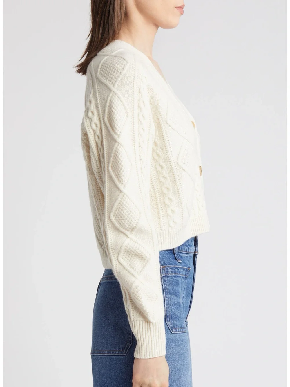 Madewell Cable Knit V-Neck Crop Cottagecore Cardigan Sweater in Cream Size Small
